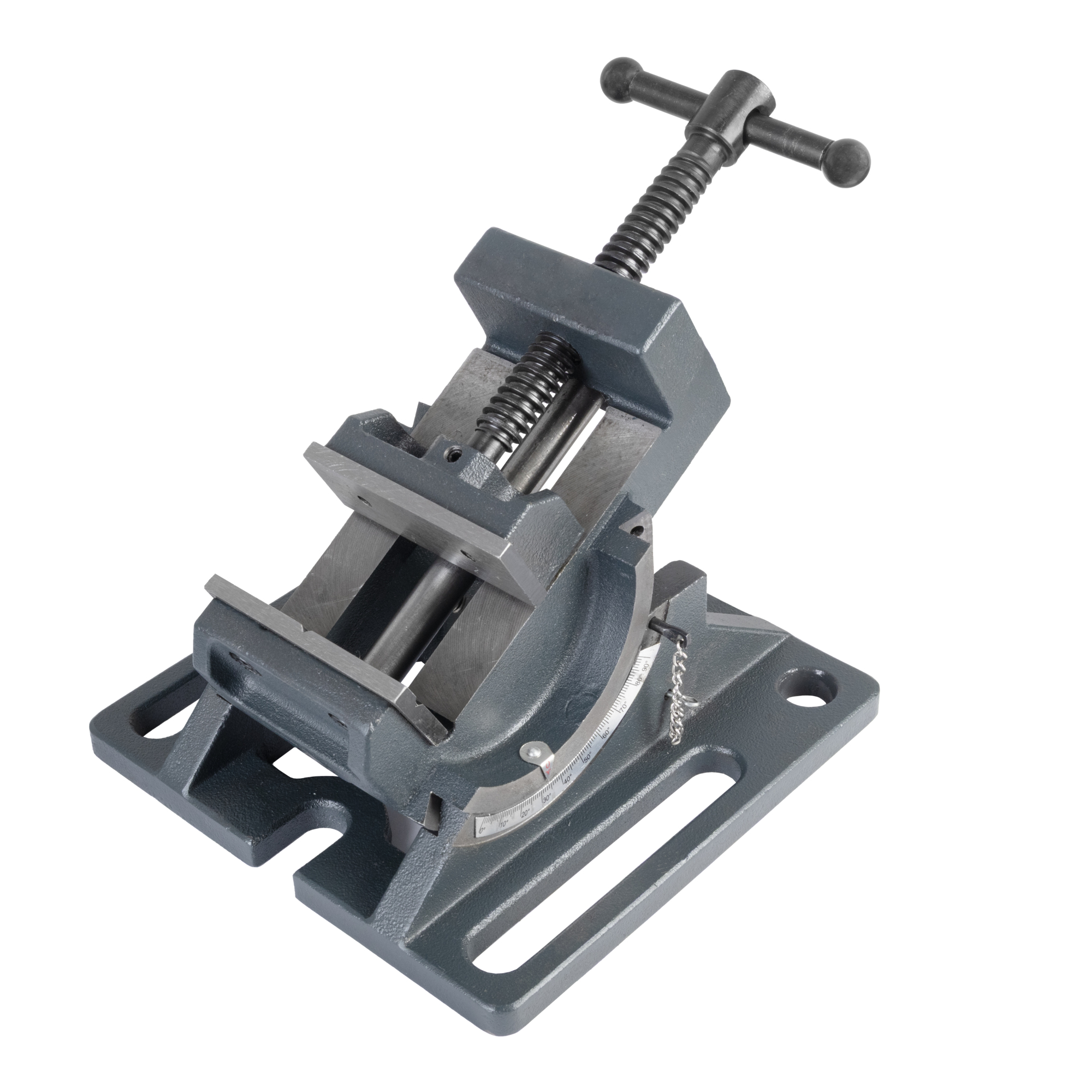 Cradle-Angle Drill Press Vise features 90° vertical indexing in 1° increments for precise angular setups